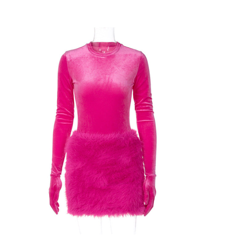 ROUND NECK LONG SLEEVE JUMPSUIT SLIM FITTING PLUSH SKIRT SET