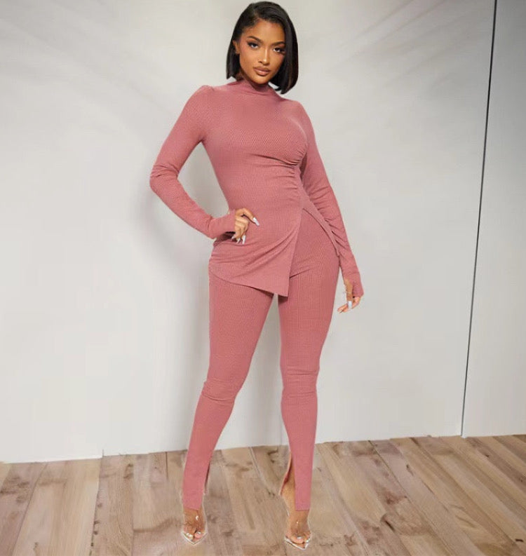 Solid Tight-Fitting long-Sleeved split Trouser 2PC Set
