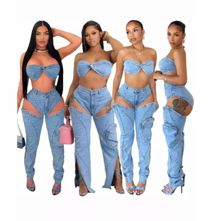 COWBOY PERSONALITY SPLIT ZIPPER THREE-DIMENSIONAL POCKET WRAPPED SEXY 2PC SET