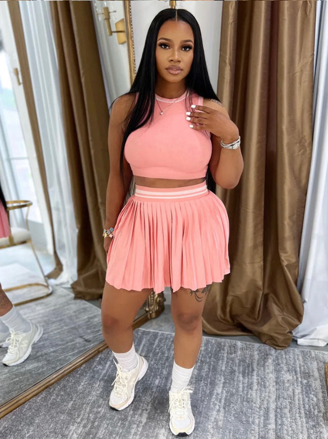 SLEEVELESS CROP TOP + PLEATED SKIRT SPORTS FASHION 2PC SET
