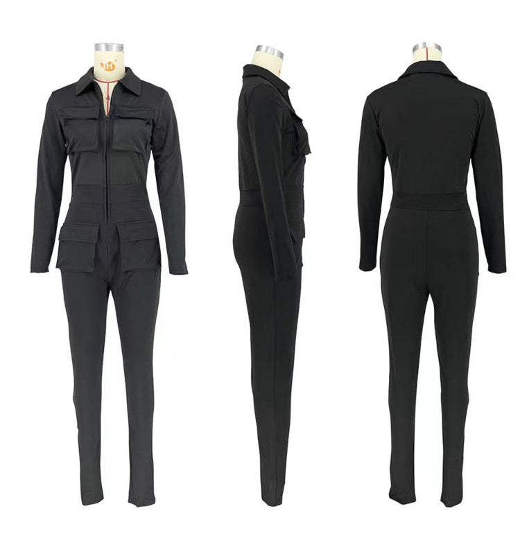LONG SOLID COLOR CARGO ZIPPERED POCKET JUMPSUIT