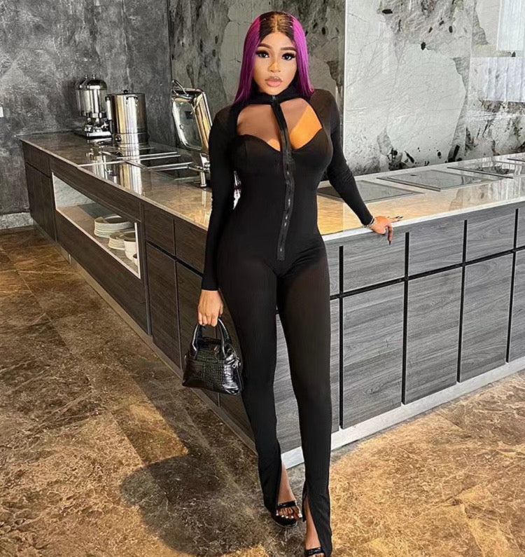 Hollow tight long sleeve zipper jumpsuit