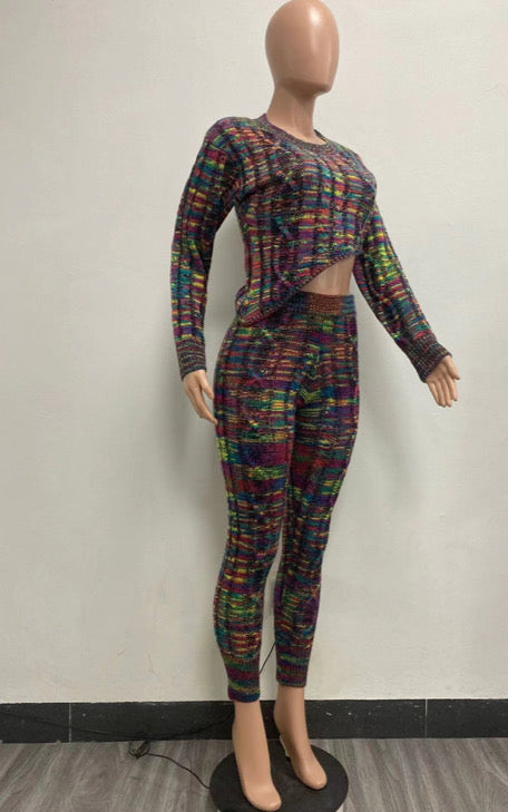 Round neck irregular colored knitted long sleeve suit
