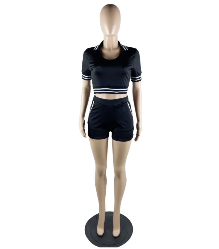 LAPEL RIBBED SHORTS SHORT SLEEVE 2PC SET
