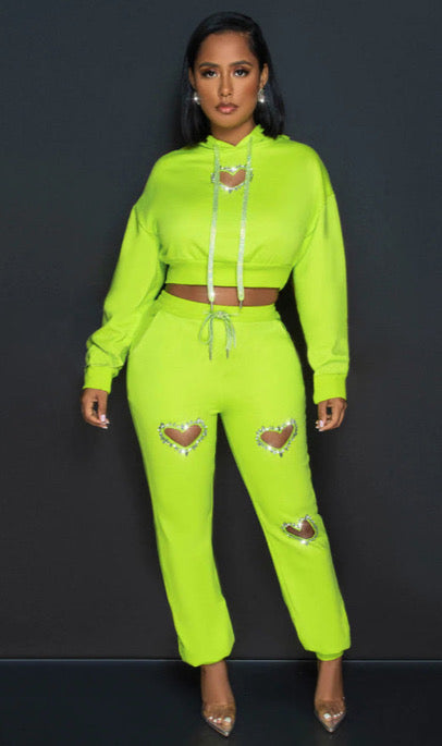 Heart Shaped hollow hot Diamond hoodie and pants 2PC set