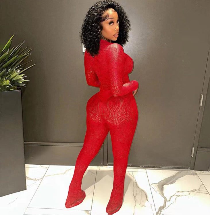 LACE OPENWORK PERSPECTIVE JUMPSUIT TROUSERS