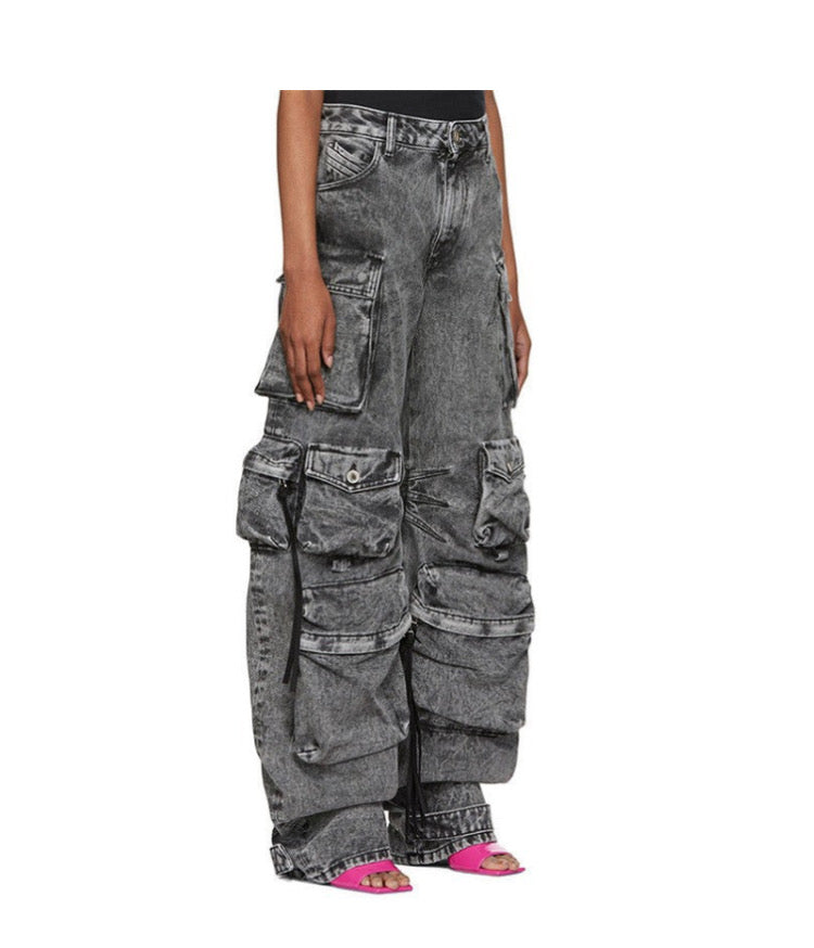High waisted and large pocket loose casual wide leg jean