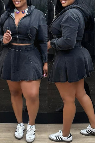 Black Casual Solid Color Zipper Hooded Long Sleeve Two Piece