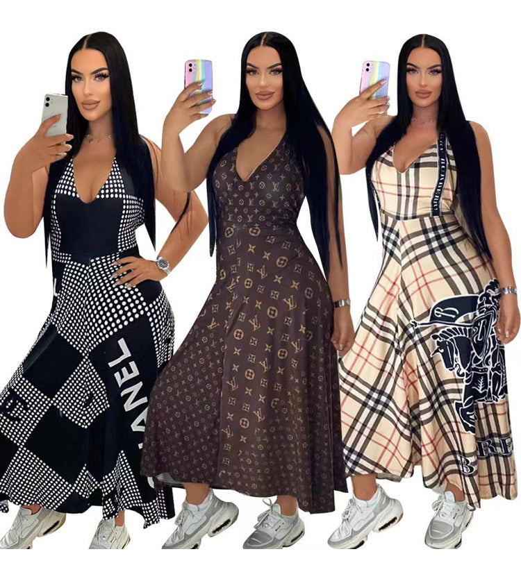 V-neck Printed Sleeveless Large Skirt