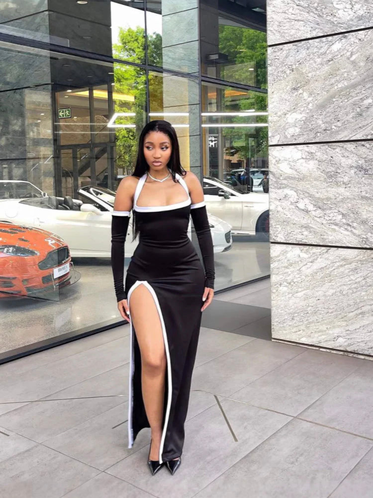 WHITE-TRIMMED CUT-OUT HIGH-SLIT HALTERNECK DRESS