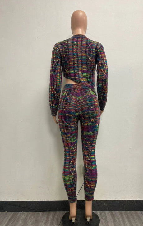 Round neck irregular colored knitted long sleeve suit