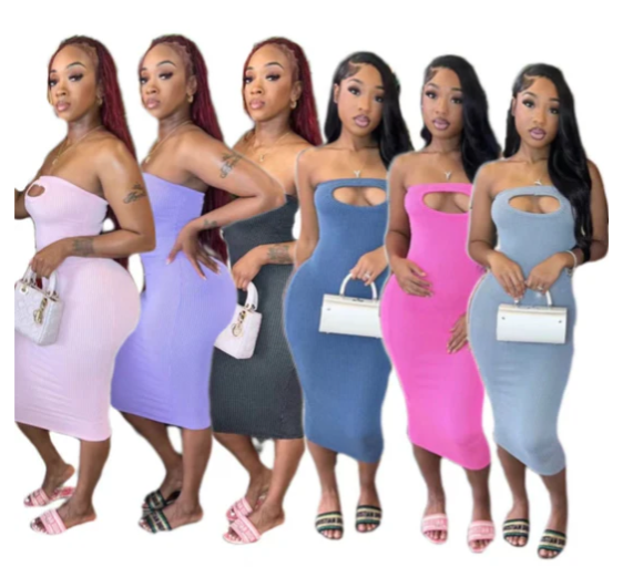 Elastic Solid color pitted tube tube top Dress