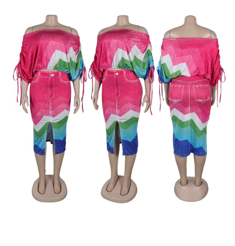 ONE-NECK BAT SLEEVE TOP SPLIT SKIRT 2PC SET