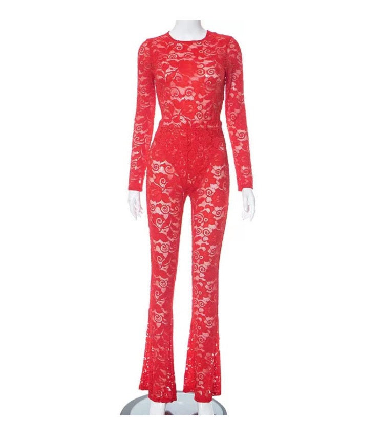 LACE OPENWORK PERSPECTIVE JUMPSUIT TROUSERS