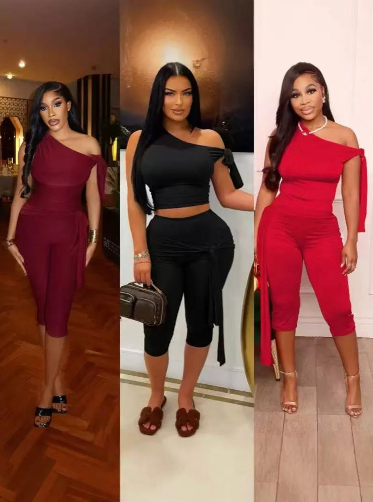 SLANTED SHOULDER STRAP CASUAL FASHION SOLID COLOR 2PC SET