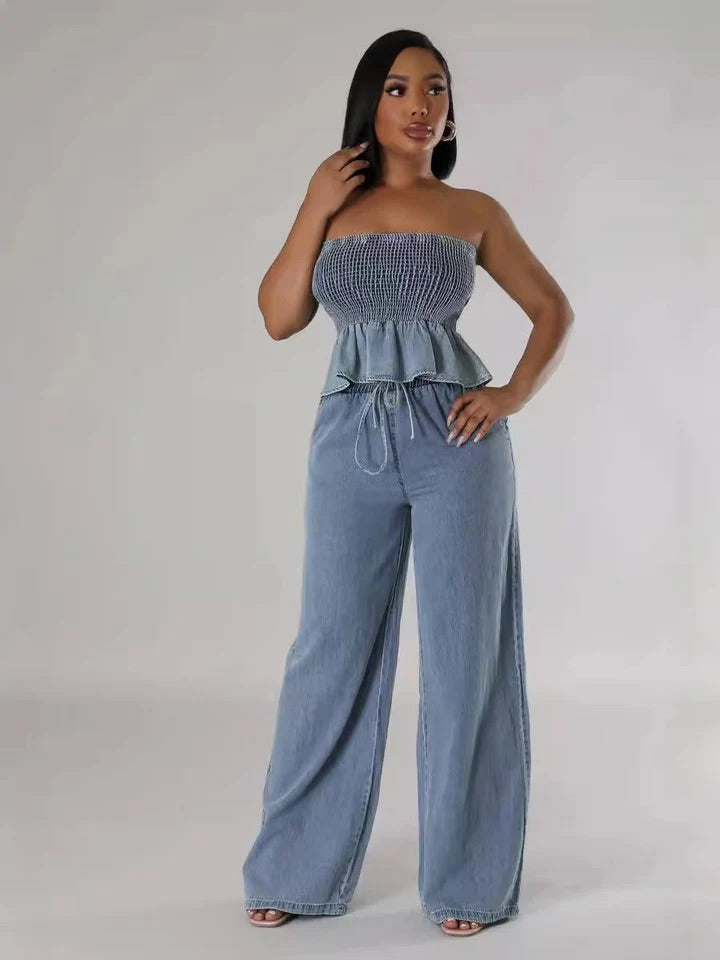 TUBE TOP JEANS WIDE-LEG PANTS 2PC SET
