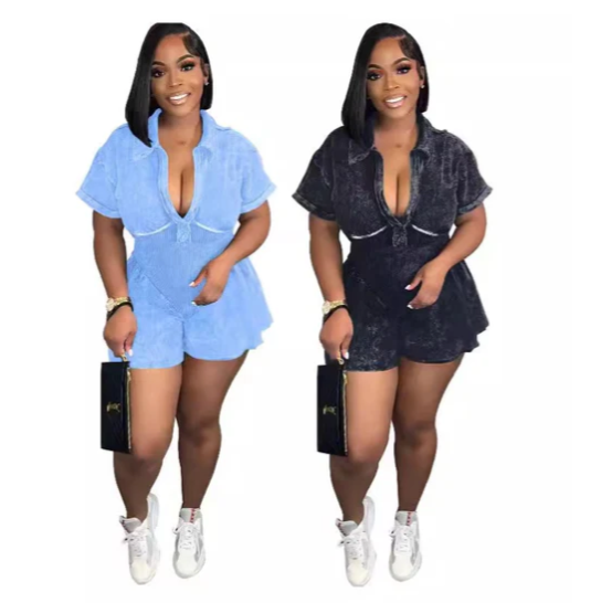 Washed Printed A-Fold deep V-waist jumpsuit