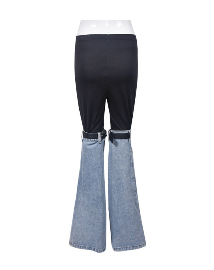 DENIM PANELED ELASTICATED FLARED JEANS