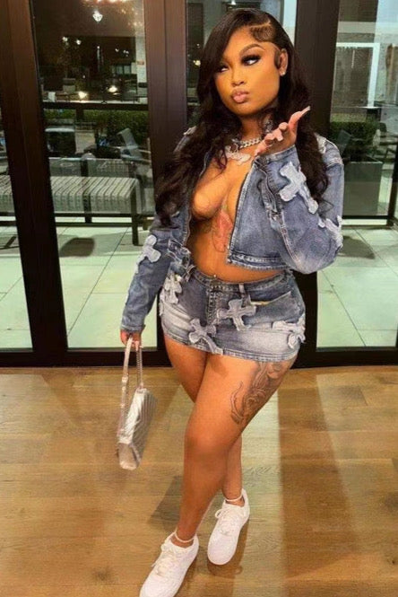 Cross Denim embroidered Skirt Jacket Set