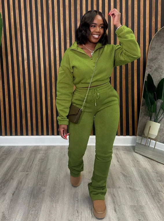 ZIPPER HALF-HIGH COLLAR PLUS VELVET SPORTS 2PC SET