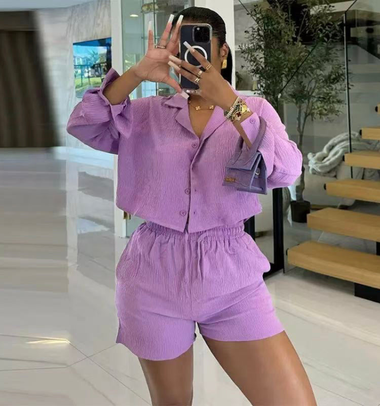 SUIT COLLAR LONG SLEEVE SHIRT HIGH WAIST DRAWSTRING SHORTS CASUAL 2PC SET