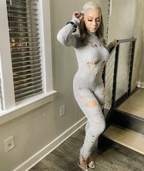 PERFORATED LONG SLEEVE BACK STRAP WOOLEN LONG JUMPSUIT