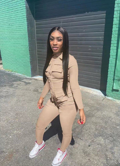 LONG SOLID COLOR CARGO ZIPPERED POCKET JUMPSUIT