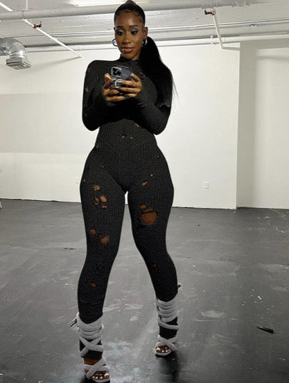 PERFORATED LONG SLEEVE BACK STRAP WOOLEN LONG JUMPSUIT