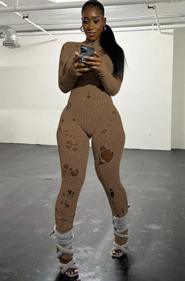 PERFORATED LONG SLEEVE BACK STRAP WOOLEN LONG JUMPSUIT