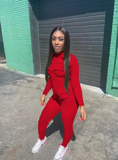 LONG SOLID COLOR CARGO ZIPPERED POCKET JUMPSUIT