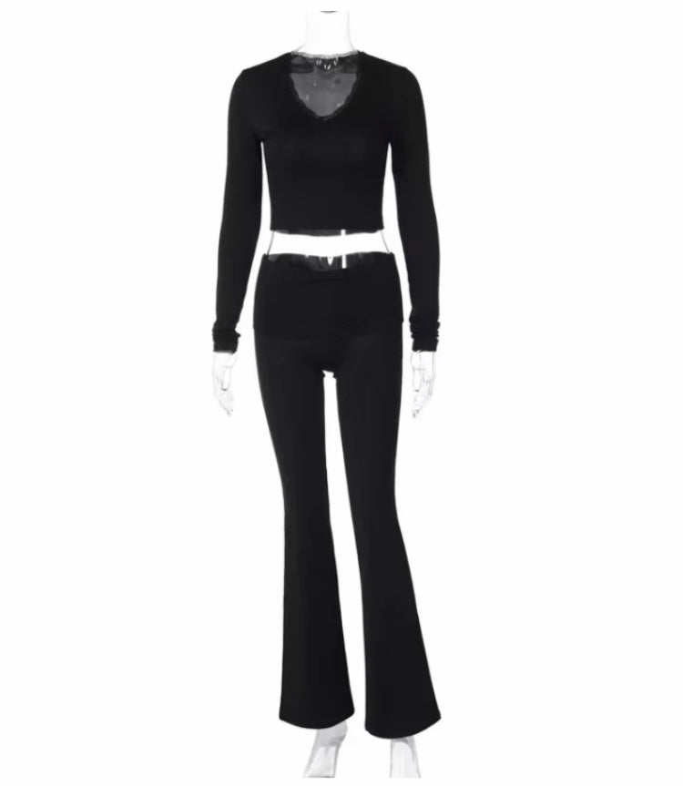 LONG SLEEVE LACE V-NECK LEISURE HOME 2PC SET
