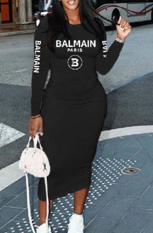 LETTER PRINTED LONG SLEEVED SLIM FITTING DRESS