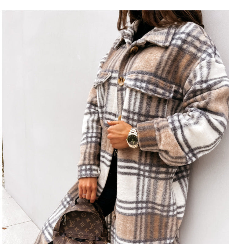 Plaid printed mid-length shirt coat