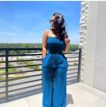 Solid color sanded tube top jumpsuit