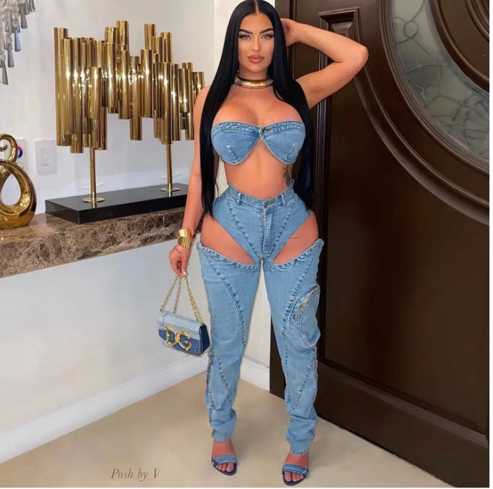 COWBOY PERSONALITY SPLIT ZIPPER THREE-DIMENSIONAL POCKET WRAPPED SEXY 2PC SET