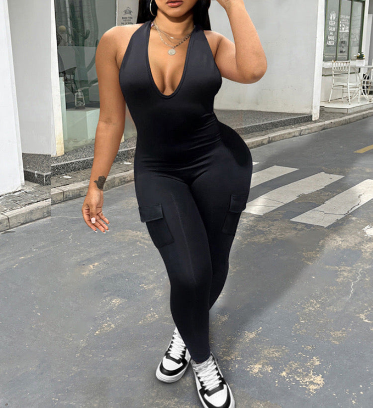 Open back hanging neck v-neck with pockets for hip lifting sports jumpsuit