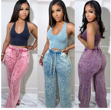 PRINTED ELASTIC HIGH WAIST POCKET CASUAL WIDE LEG PANTS