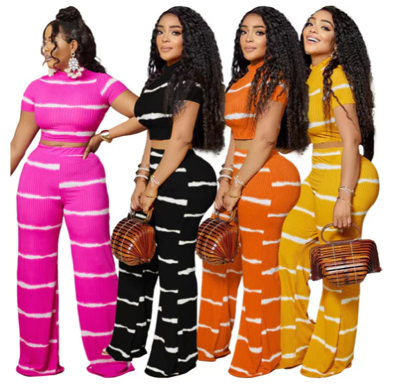 STRIPED PRINTED NAVEL WIDE LEG 2PC