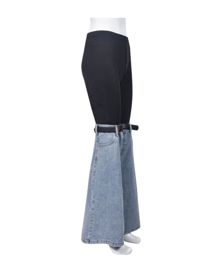 DENIM PANELED ELASTICATED FLARED JEANS
