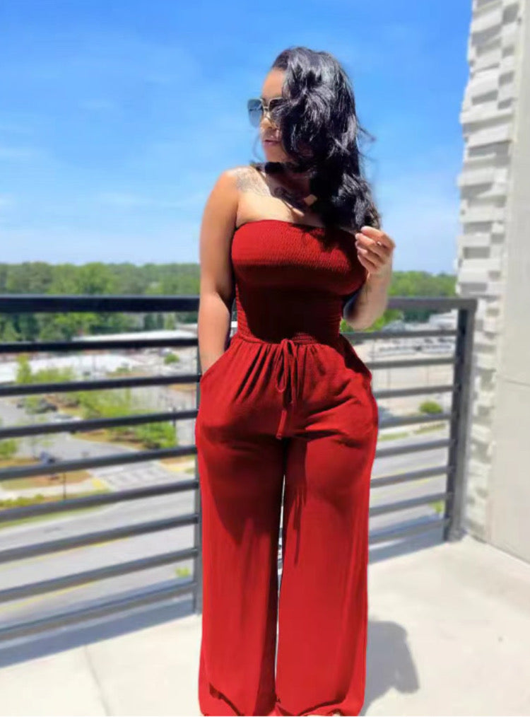 Solid color sanded tube top jumpsuit