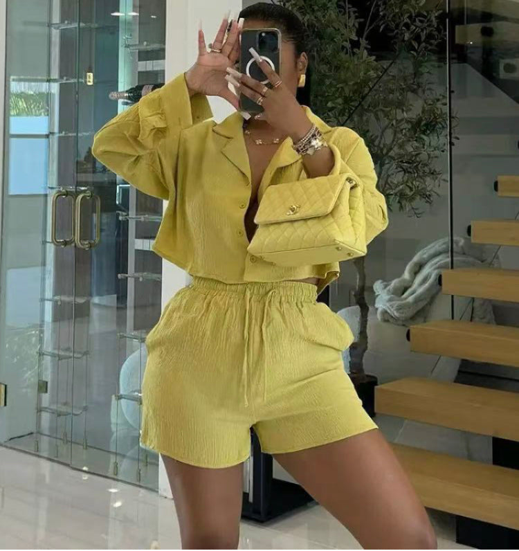 SUIT COLLAR LONG SLEEVE SHIRT HIGH WAIST DRAWSTRING SHORTS CASUAL 2PC SET
