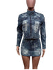 Cross Denim embroidered Skirt Jacket Set