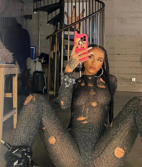 PERFORATED LONG SLEEVE BACK STRAP WOOLEN LONG JUMPSUIT