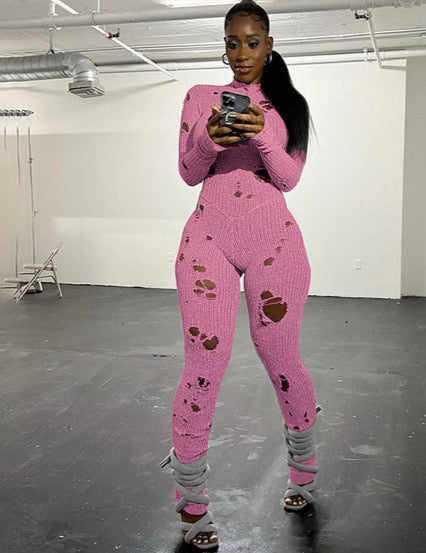 PERFORATED LONG SLEEVE BACK STRAP WOOLEN LONG JUMPSUIT