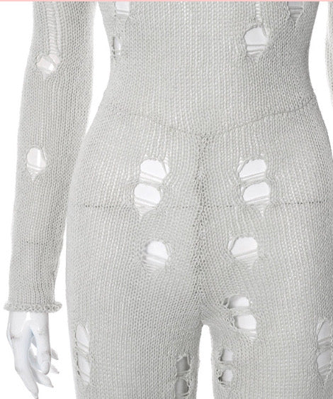 PERFORATED LONG SLEEVE BACK STRAP WOOLEN LONG JUMPSUIT