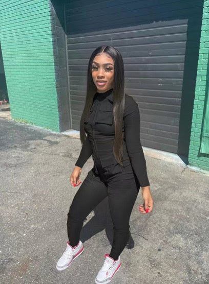 LONG SOLID COLOR CARGO ZIPPERED POCKET JUMPSUIT