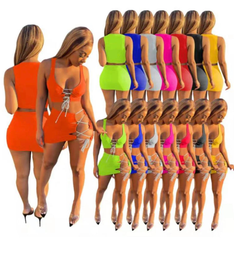 WOMEN'S SEXY BEACH SLEEVELESS SHORT SKIRT SUIT 2PCS
