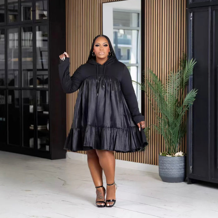 SPLICED HOODED PULLOVER PLUS SIZE DRESS