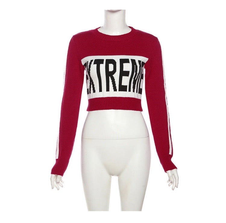 KNITTED LETTERING LONG SLEEVE PULLOVER SLIM FIT CROP TOP
