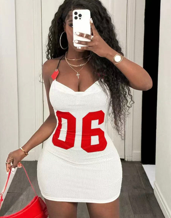 MESH PRINTED SUSPENDER LEATHER TUBE TOP BACKLESS DRESS